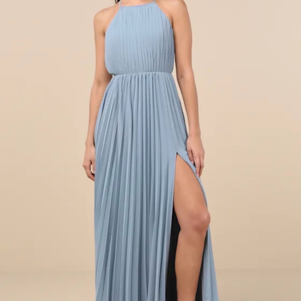 NWT Lulus Rylie Slate Blue Pleated Backless Maxi Dress